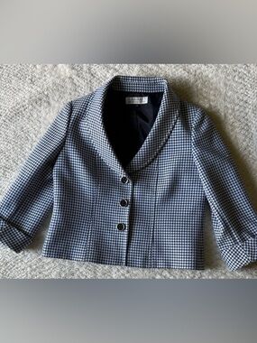 Tahari Navy & White Houndstooth Short Blazer with Shawl Collar